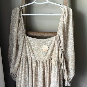 Beige Chiffon Printed Square Neck Empire Maternity Maxi Dress